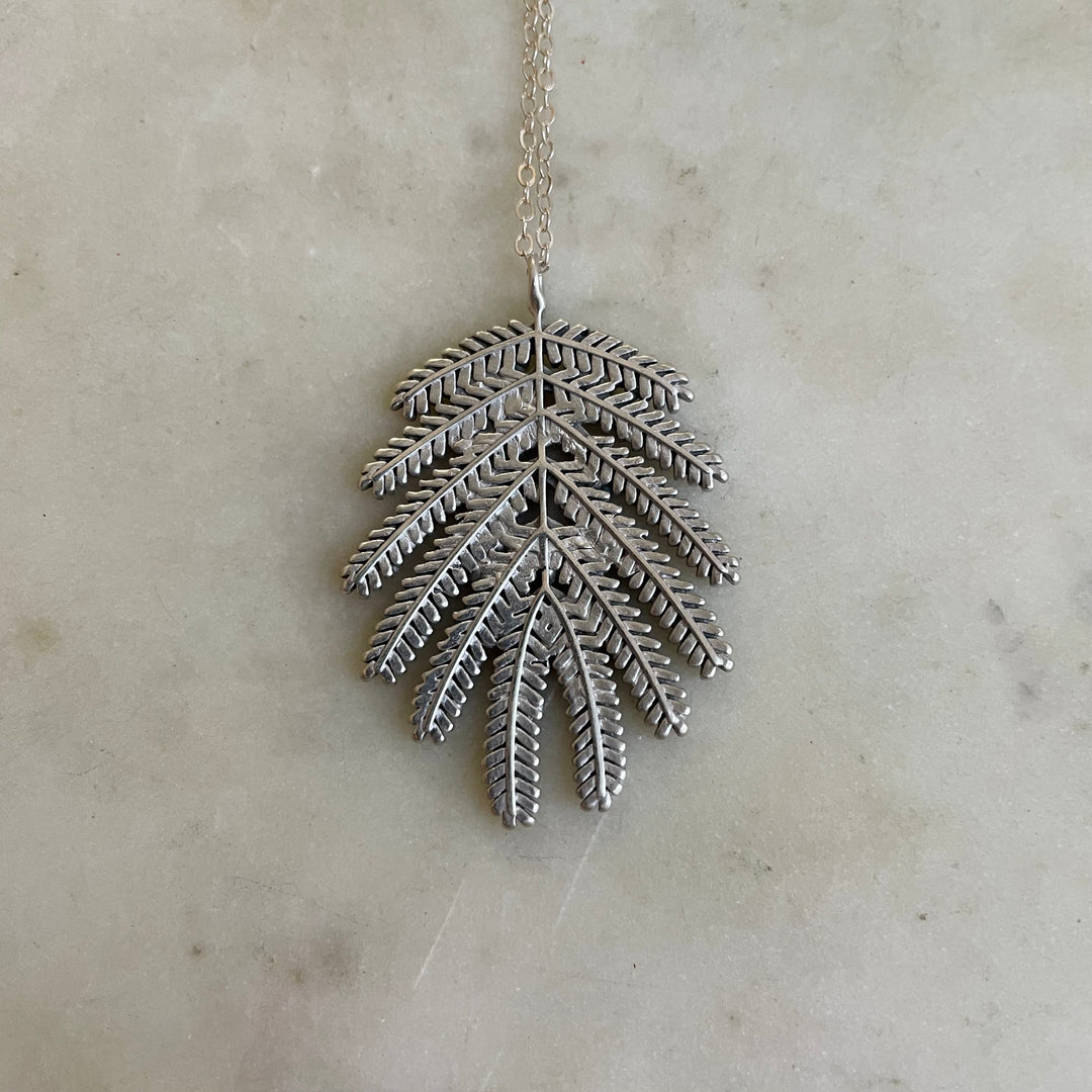 Handmade Silver Large Mimosa Leaf Pendant Necklace