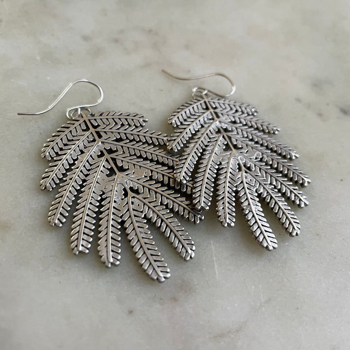 Handmade Silver Large Mimosa Leaf Earrings on Silver Ear Wires