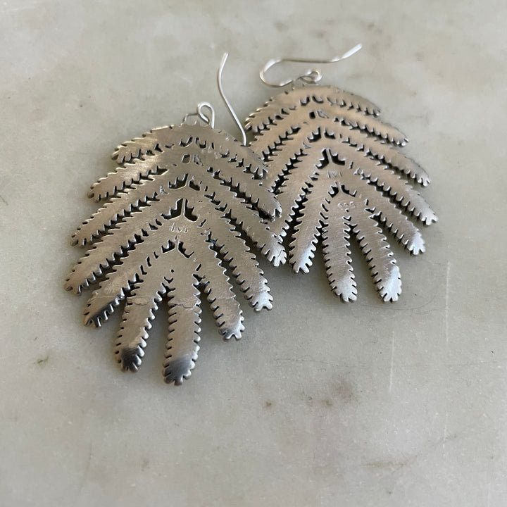 Back of Handmade Large Silver Mimosa Leaf Earrings on Silver Ear Wires