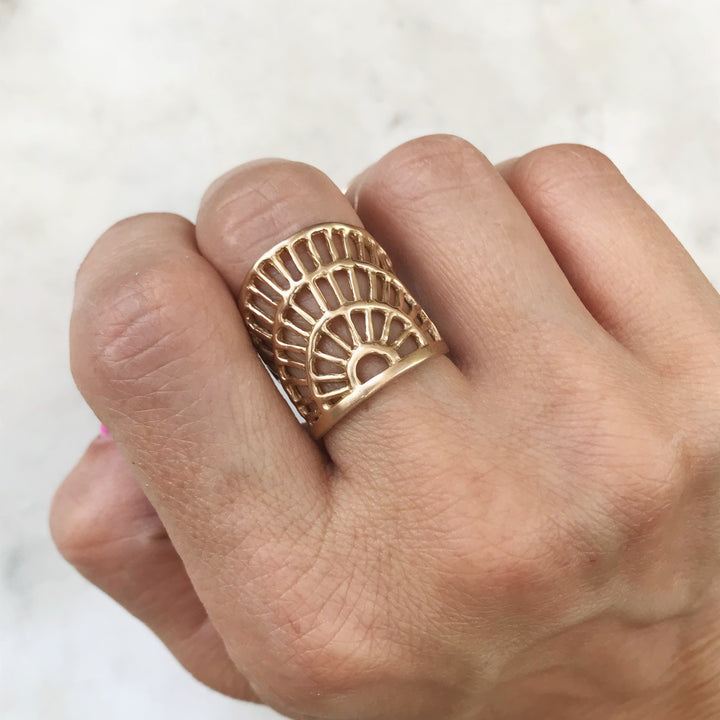 Woman Wearing MIMOSA Handcrafted's Handmade Bronze Shimmering Sun Ring