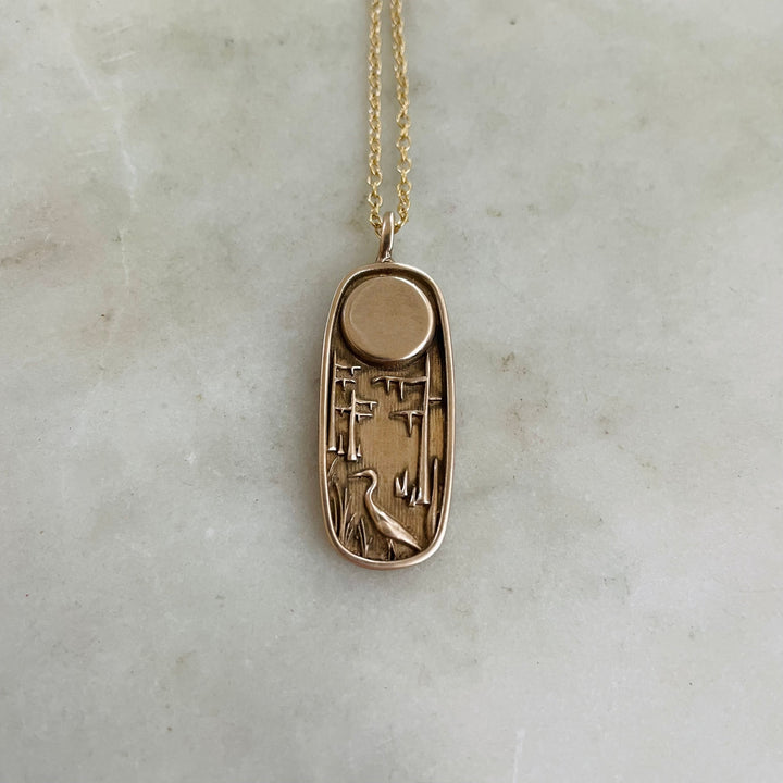 Handcrafted Southern Cypress Swamp Nature Scene Pendant On Gold-Filled Necklace Chain
