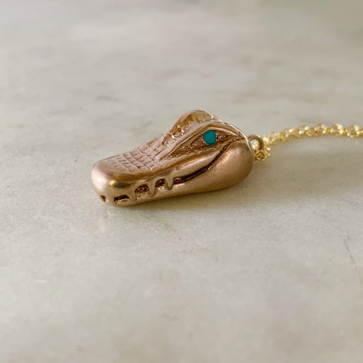 Handmade Bronze Alligator Head Pendant Necklace with Turquoise Eyes