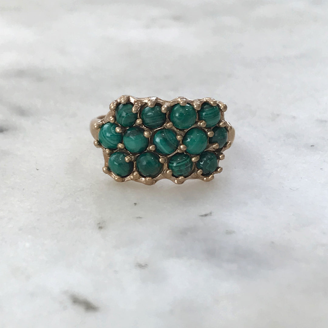 Bronze ring set with 13 green malachite stones made by MIMOSA Handcrafted Jewelry