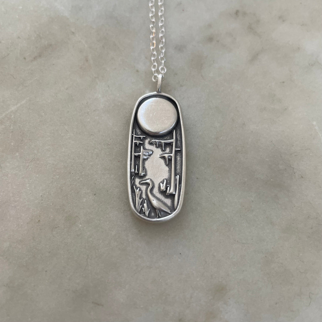 Handcrafted Sterling Silver Southern Cypress Swamp Nature Scene Pendant On Sterling Silver Necklace Chain