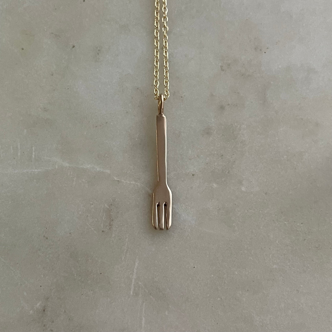 Small Handcrafted Bronze Fork Pendant On Gold-Filled Necklace Chain