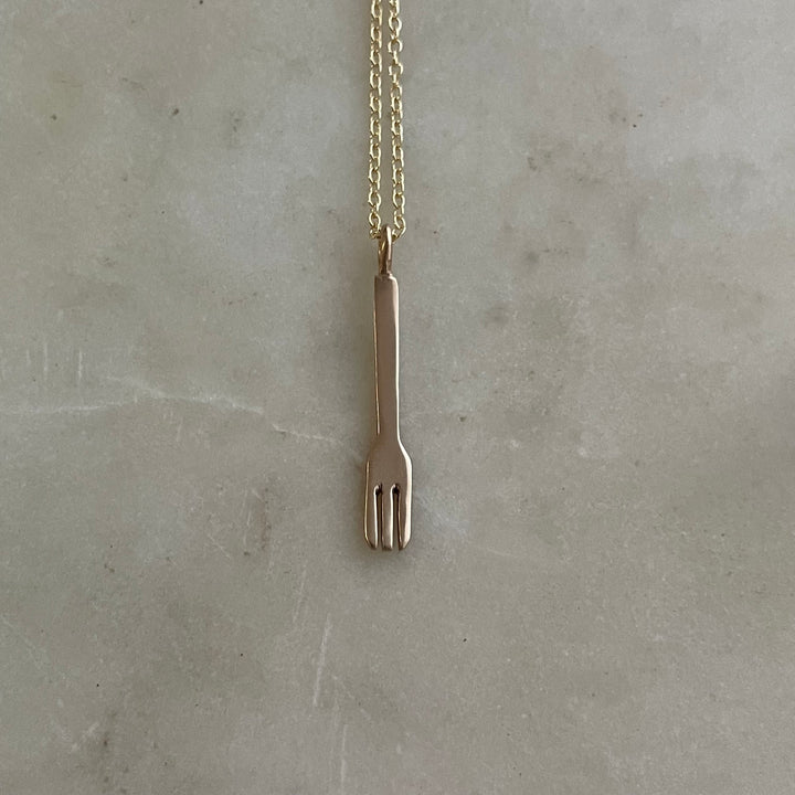 Small Handcrafted Bronze Fork Pendant On Gold-Filled Necklace Chain
