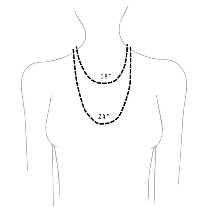 Sketch of woman wearing 2 necklaces to show difference between 18" & 24" chains